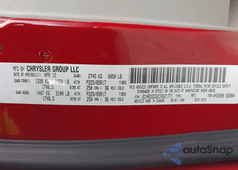 2012 Dodge Grand Caravan Crew z USA, uszkodzony, nr VIN 2C4RDGDG2CR321771